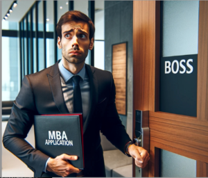 An anxious professional in a business suit stands hesitantly outside a closed office door labeled 'Boss.' He clutches an 'MBA Application' folder under one arm and is about to knock on the door with his other hand. The modern, sleek office hallway around him emphasizes the serious corporate environment. His expression is a mix of determination and nervousness, capturing a pivotal moment in his career.